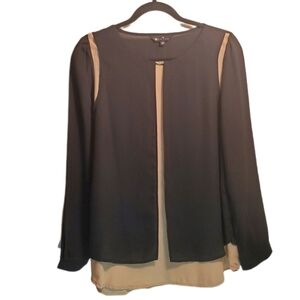 Et Satin -  Black Tan Long Sleeve Layered Blouse Gold Embellishment at Neckline
